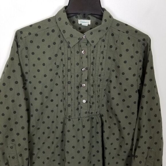 Sundance Women Lively Days Tunic Shirt Sz M Olive Polka Dot Pintuck Popover - Picture 2 of 9